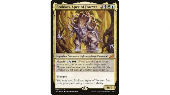 MTG Mutate keyword - the magic card Brokkos Apex of Forever, a huge rhino-like cerature covered in shaggy fur and horns