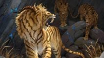 MtG mutate keyword - Huntmaster Liger card art by Leesha Hannigan, a pride of hybrid lion-sabertooth-tiger-antelope creatures