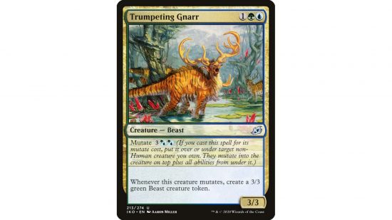 MTG Mutate keyword - the magic card Trumpeting Gnarr, a dinosaur / elk beast