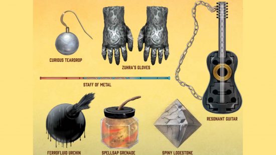 Paizo illustrations from Pathfinder Rage of Elements showing magic items from the Plane of Metal