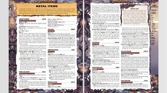 Page spread from Pathfinder Rage of Elements section on the Plane of Metal