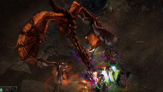 Pillars of Eternity screenshot - a boss fight against a dragon and a horde of drakes