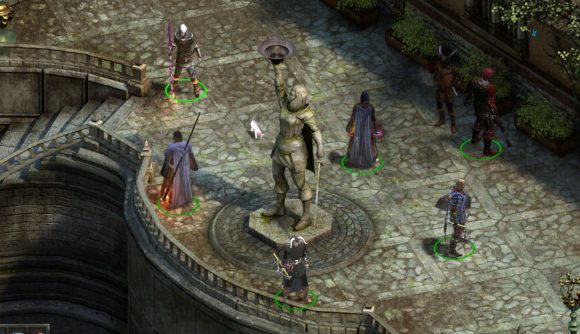 Pillars of Eternity screenshot - adventurers stand around a statue of a woman with one arm upraised