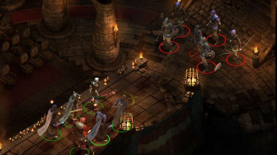 Pillars of Eternity screenshot - a fight in an underground theatre