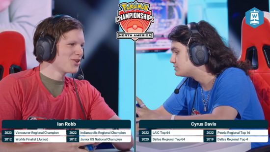 Pokemon TCG North American International Championships final: A screenshot from the NAIC livestream showing the two competitors facing each other at the table, with graphics listing their accomplishments underneath.