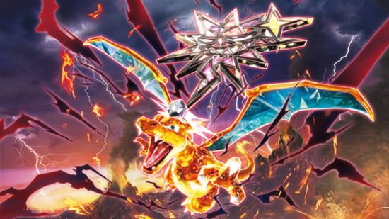 Pokemon art for Obsidian Flames featuring darkness-type tera Charizard
