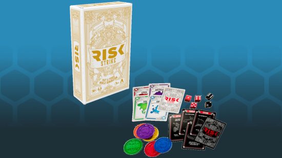 Risk card game released - Avalon Hill image of Risk Strike box and components on blue background