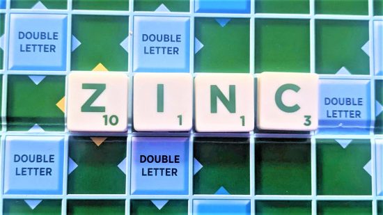 Scrabble words with Z - photo of the word Zinc on a Scrabble board
