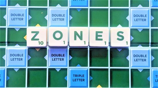 Scrabble words with Z - photo of the word Zones on a Scrabble board