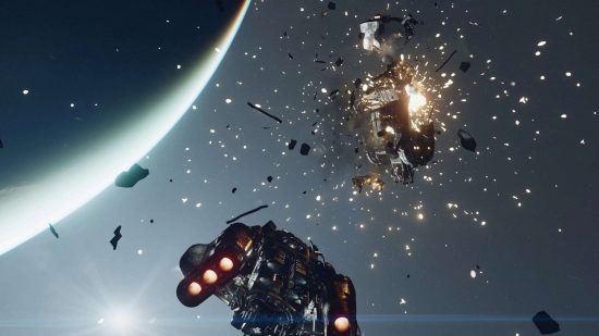 Could there be a Starfield board game? - promo shot by Bethesda of a battle in space, one ship exploding as another drives past, in the shadow of a planetoid