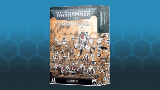 Warhammer 40k 10th edition combat patrol T'au Empire - product photograph by Games Workshop, a rectangular box advertising robots and alien soldiers in white armor