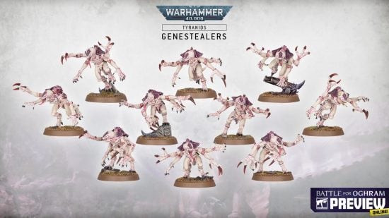 Warhammer 40k 10th Edition Tyranids new models from Oghram reveal stream - Games Workshop image showing the full unit of new genestealer models