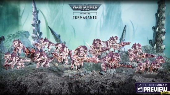Warhammer 40k 10th Edition Tyranids new models from Oghram reveal stream - Games Workshop image showing a full squad of new termagants models with various ranged weapons