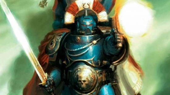 Warhammer 40k Captain Cato Sicarius artwork by Games Workshop - a Space Marine in blue power armor wielding a power sword, firing a gun towards the reader