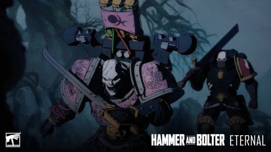 Warhammer 40k's most hated character Lucius the Eternal appears in Eternal, screenshot of a pink-armored Chaos Space Marine facing away from a black-armored Space Marine Justiciar wielding an executioner's blade
