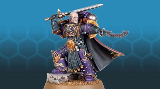 Warhammer 40k Character Lucius the Eternal - Lucius during the Horus Heresy in rich purple and gold armor with black trim. His head is bald and scarred, he wields two swords