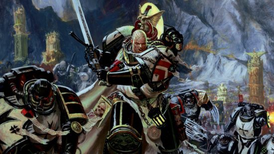 Why fans want Warhammer 40k female Space Marines - Black Templars Space Marines, black armored warriors covered in purity seals, charging towards the viewer