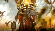 Why fans want Warhammer 40k female Space Marines - Sister of Battle, a warrior nun in power armor, wielding a huge boltgun