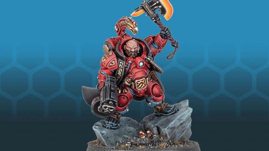 Warhammer 40k Leagues of Votann Kahl - a short, red armored warrior armed with a twin-barelled gun and an energy axe