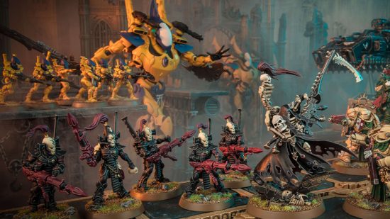 Warhammer 40k Leagues of Votann perform poorly in tournaments - photograph by GW of an Eldar force, with Dark Reapers and a yellow Wraithknight