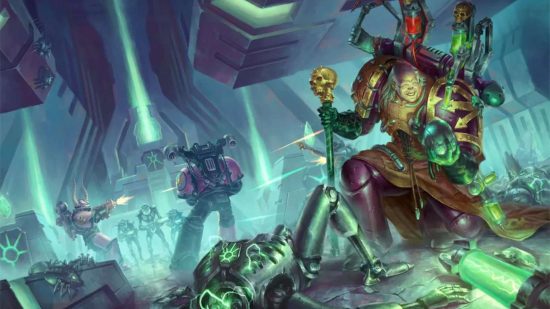 Warhammer 40k novel Fabius Bile Clonelord cover art by Games Workshop - inside a green and black alien tomb complex, , a Space marine in purple armor, holding a skull-topped walking cane, holds a Necron's metal skull and grins maniacally
