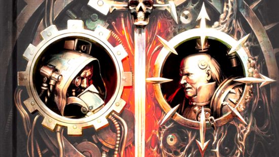 Warhammer 40k novel Genefather special edition cover - metal relief icons of a cog and an eight-pointed star with cameo profiles of a cyborg techpriest and a balding Space Marine
