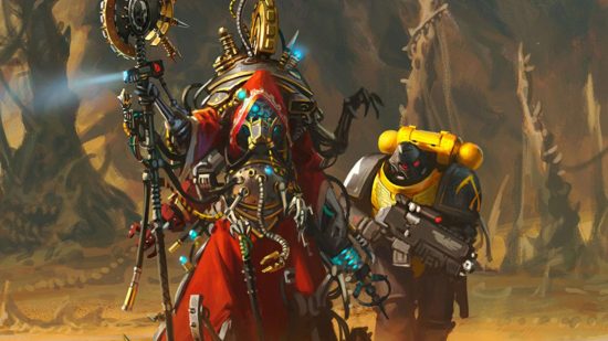 Warhammer 40k novel Belisarius Cawl: The Great Work cover art by Games Workshop - a multilimbed cyborg in red robes walks through the ruins of a world with a Space Marine in the yellow and black of the Scythes of the Emperor