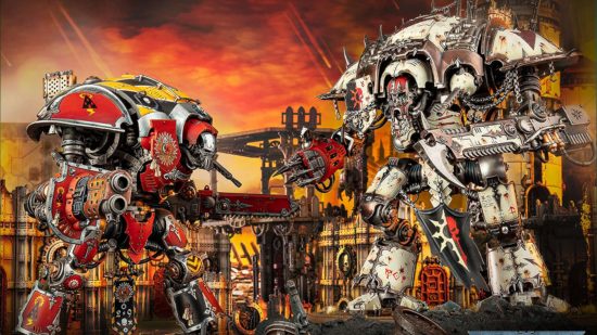 Warhammer 40k points update - Chaos and Imperial Knights face off, two hunchbacked walking war engines