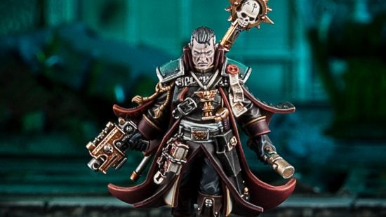 Warhammer 40k psykers - the Inquisitor Gregor Eisenhorn, a man with stern face, in a long trench coat, wielding a bolt pistol and staff