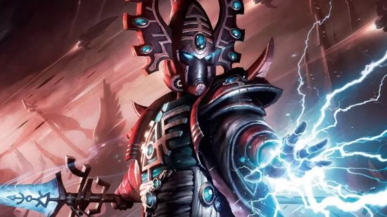 Warhammer 40k psykers - an Eldar pskyer in ornate, rune-inscribed armor discharges warp lightning from their hand