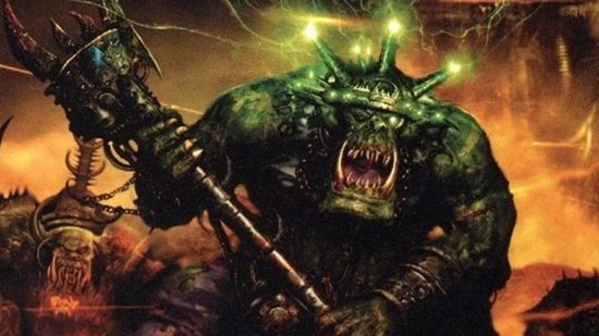 Warhammer 40k psykers - an Ork weirdboy, a greenskinned brute with crackling lights orbitting their head