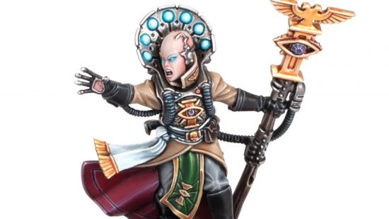 Warhammer 40k psykers - a primaris battle psyker, with a large psychic hood and a staff
