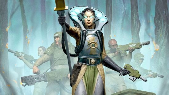 Warhammer 40k psykers - a Psyker leads a unit of cadian guardsmen. Her eyes flare with blue lightning, and she holds aloft a staff of office