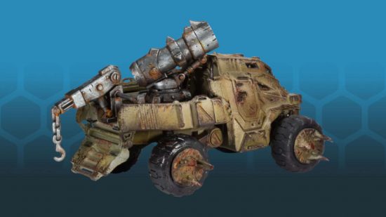 Warhammer 40k rival Firefight - Plague mule mortar, a technical with a huge bore mortar, rear view showing mortar mounting and crane