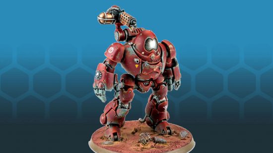 AI creates wargame 50 times more complex than Warhammer 40k rules - product picture, Kastelan robot miniature by Games workshop, a red, bulky, cybernetic construct, reminiscent of 1950s scifi