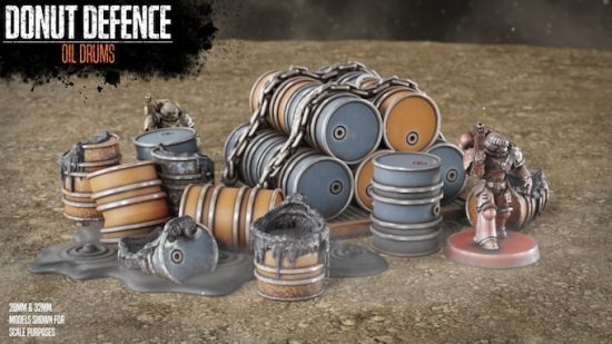 Warhammer 40k terrain from the Donut Defence Kickstarter - piles of barrels, some of them ruined