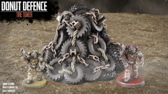 Warhammer 40k terrain from the Donut Defence Kickstarter - a tyre pile held together by chains