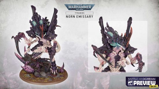 Warhammer 40k 10th Edition Tyranids new models from Oghram reveal stream - Games Workshop image showing the new Tyranid Norn Emissary model, a huge alien covered in armor, with a massive brain