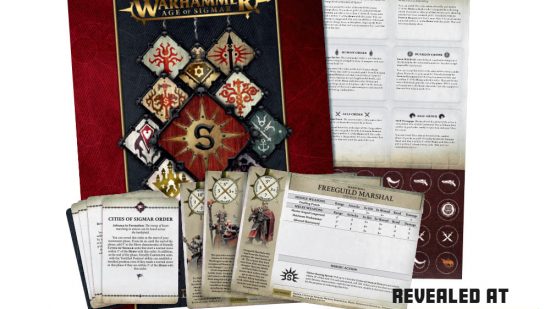 Warhammer Age of Sigmar Cities of Sigmar launch box - Games Workshop image showing the new CIties of Sigmar Battletome book and tokens