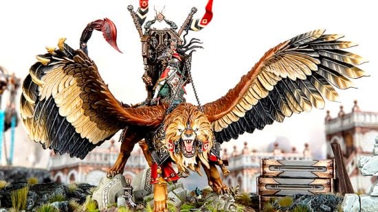 Warhammer Age of Sigmar Cities of Sigmar launch box - Games Workshop image showing the new character Tahlia Vedra on manticore