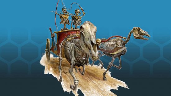 Warhammer Armies Project lives - illustration by Games Workshop, a Tomb King chariot, skeletal horses pull a chariot containing skeletal archers to war