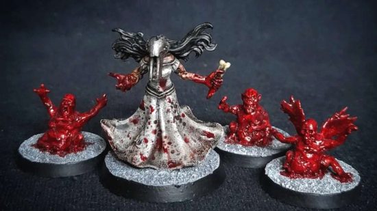 Brawl Arcane is like weirdo Warhammer chess - converted miniature by Brett Evans, a banshee with red hands accompanied by three red blood puddle monsters