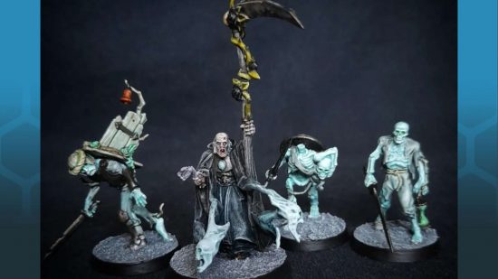 Brawl Arcane is like weirdo Warhammer chess - converted miniature by Brett Evans, a necromancer accompanied by three ghostly undead figures