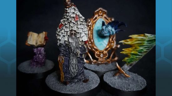 Brawl Arcane is like weirdo Warhammer chess - converted miniature by Brett Evans, a strange wizard with a conical roof on his shoulders accompanied by three living spells