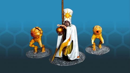 Brawl Arcane is like weirdo Warhammer chess - converted miniature by Brett Evans, a white-robed wizard with two strange yellow familiars