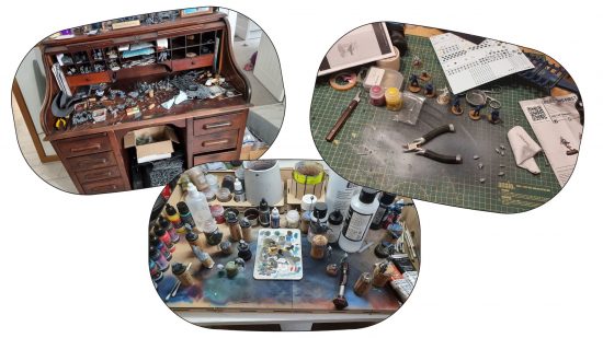 Warhammer hobby burnout - three photos of a cluttered workspace