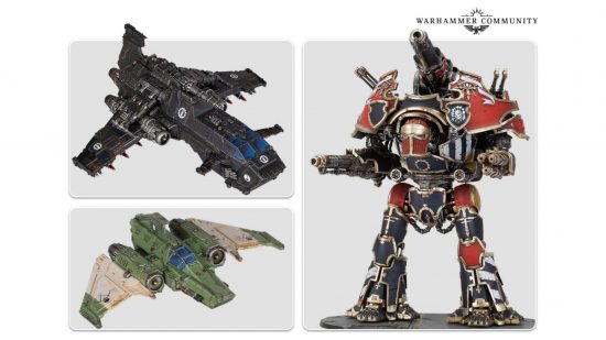 Warhammer Legions Imperialis - pictures of a Thunderhawk Gunship, Xiphon Interceptor fighterc, and Nemesis Titan, a huge robot with back-mounted earthquake cannon