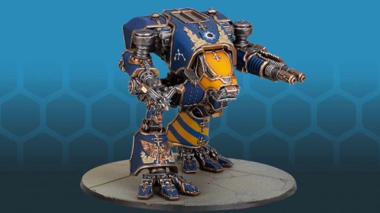 Warhammer Legions Imperialis preview - a Warhound Titan, a hunch-backed war robot, with a short ranged heat gun and a harpoon style claw