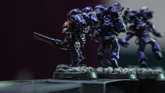 Warhammer MMO lead developer Jack Emmert's model collection - dark blue armored Night Lords terror troops with jet pack