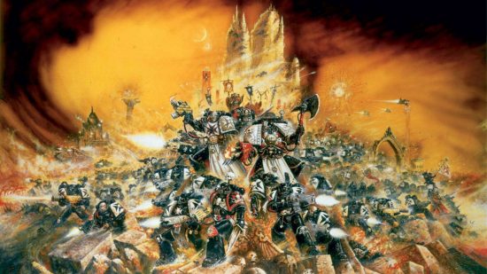 Warhammer mmo - the cover art for Warhammer 40k 3rd edition, a massed formation of Black Templars Space Marines painted by John Blanche